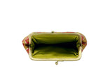 A small fabric coin purse with a red and gold floral pattern, featuring a gold metal frame and clasp closure, 